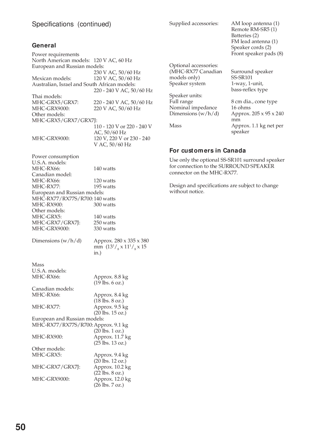 Sony MHC-GRX7J, MHC-R700, MHC-GRX9000, MHC-RX66, MHC-RX77S, MHC-GRX5 operating instructions General, For customers in Canada 