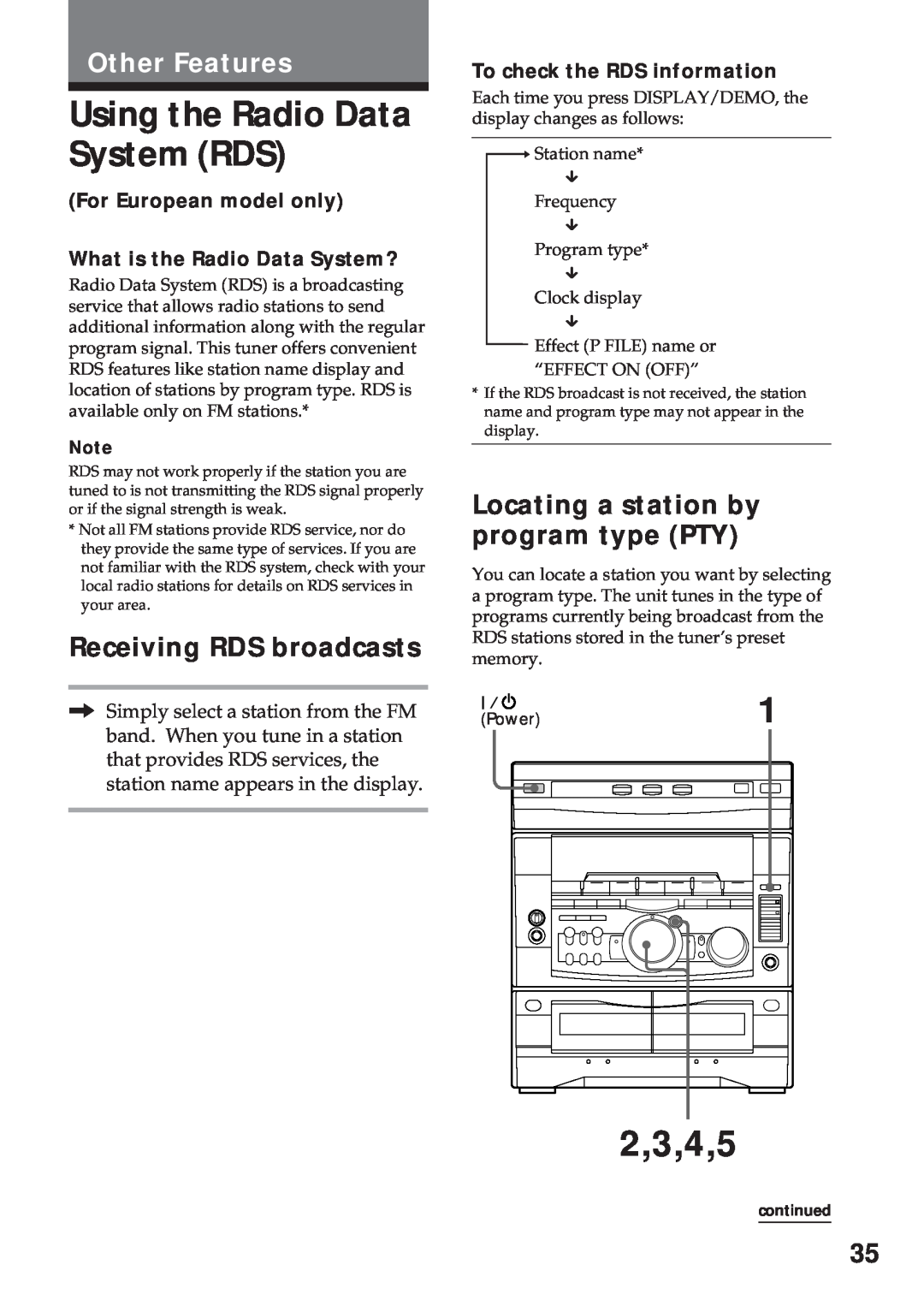 Sony MHC-GRX5 Using the Radio Data System RDS, 2,3,4,5, Other Features, Receiving RDS broadcasts, For European model only 