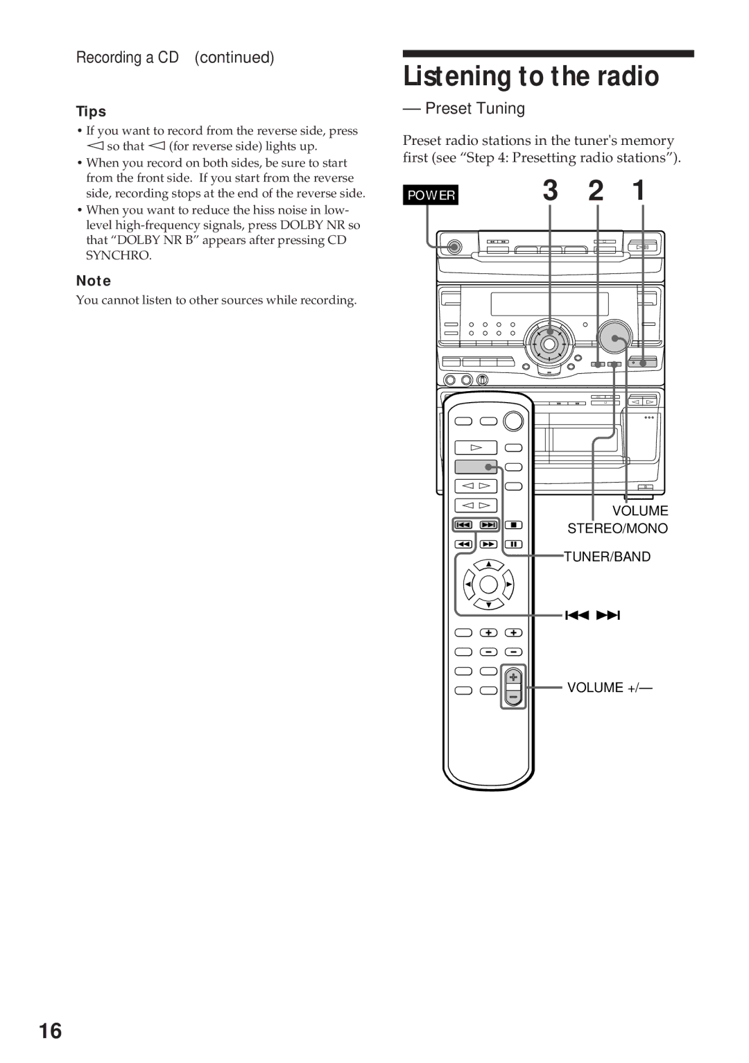 Sony MHC-RX100AV operating instructions Listening to the radio, Recording a CD, Preset Tuning 