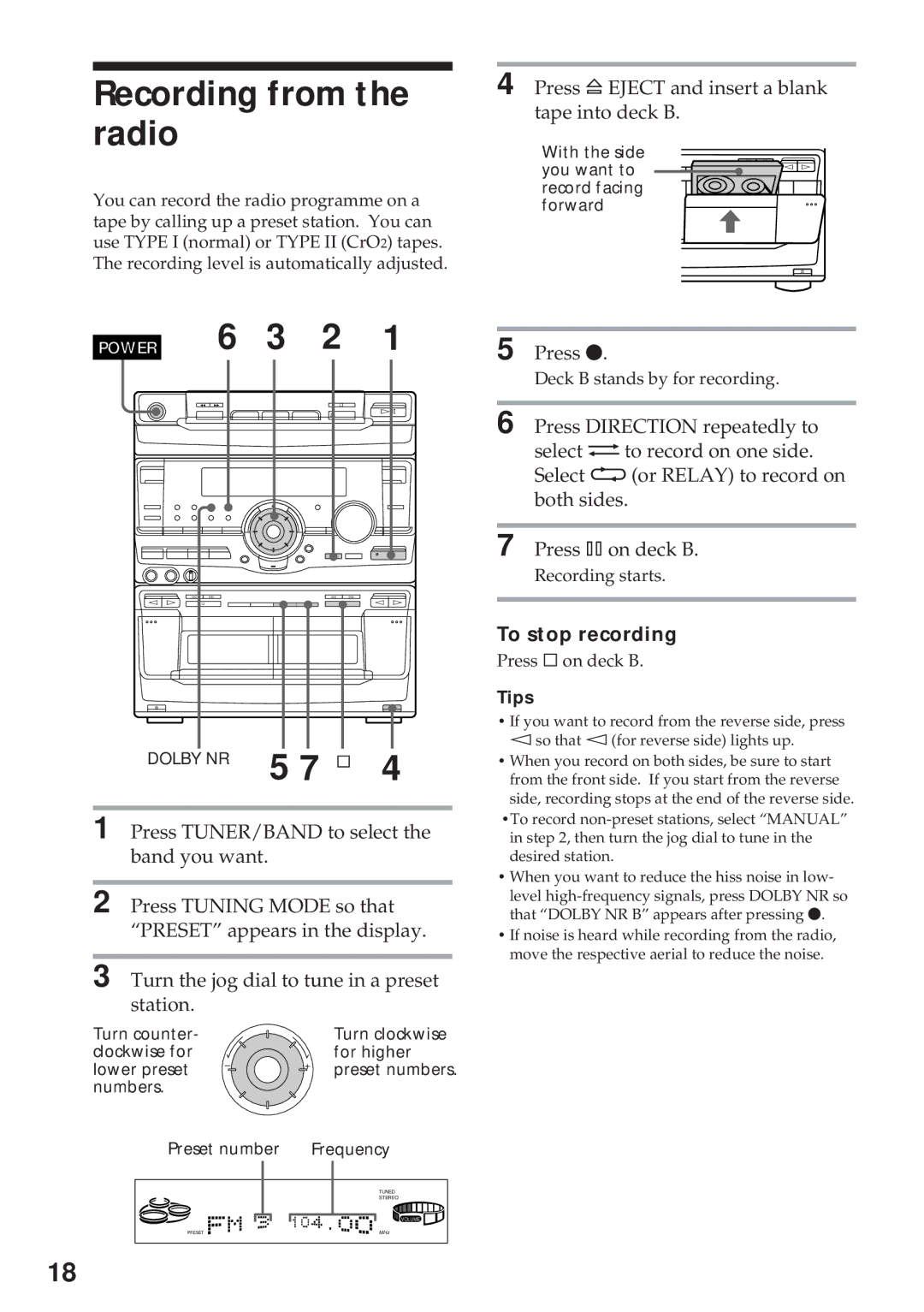 Sony MHC-RX100AV Recording from the radio, Press ¤ Eject and insert a blank tape into deck B, Press r 