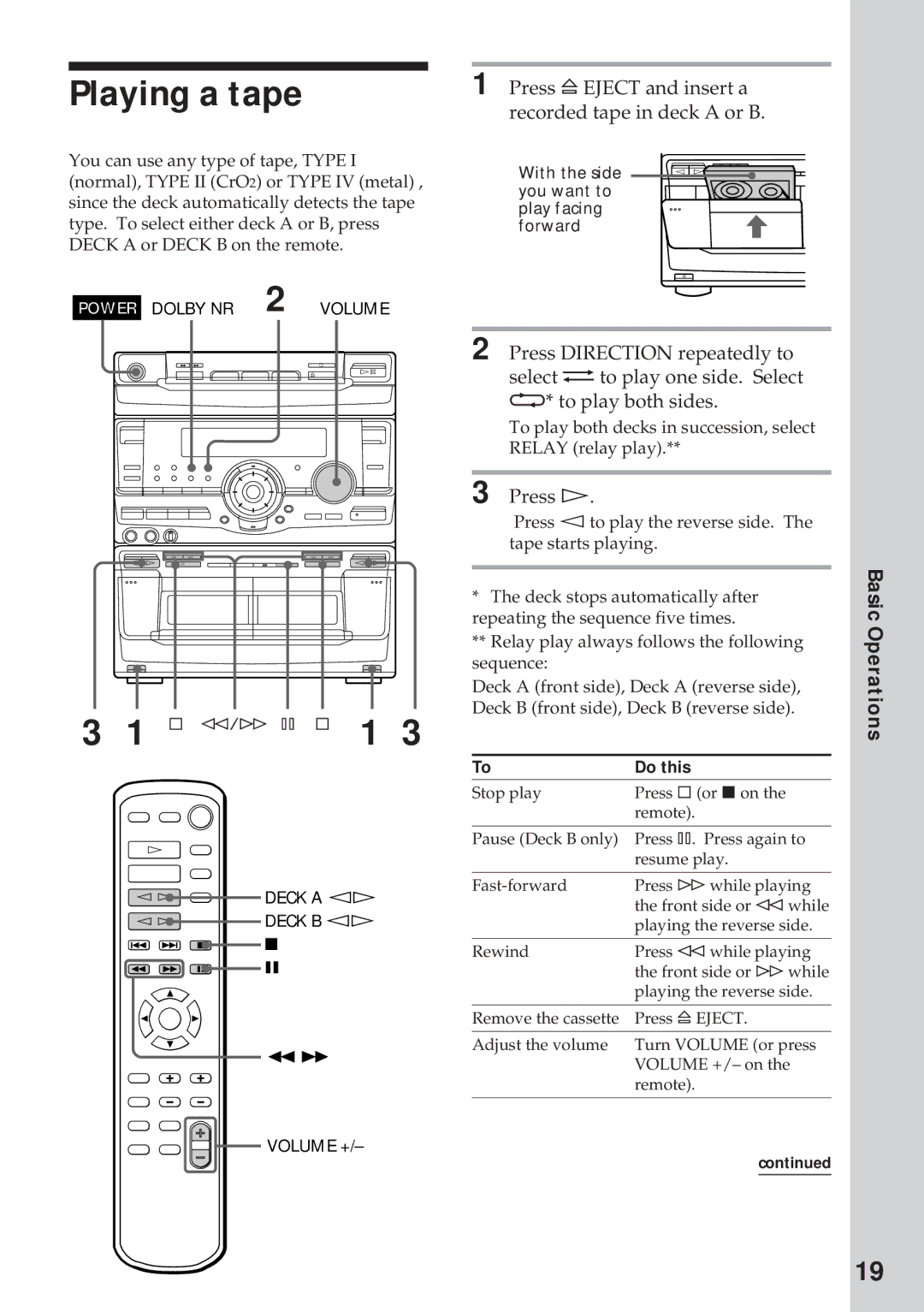 Sony MHC-RX100AV operating instructions Playing a tape, Press ¤ Eject and insert a recorded tape in deck a or B, Press á 