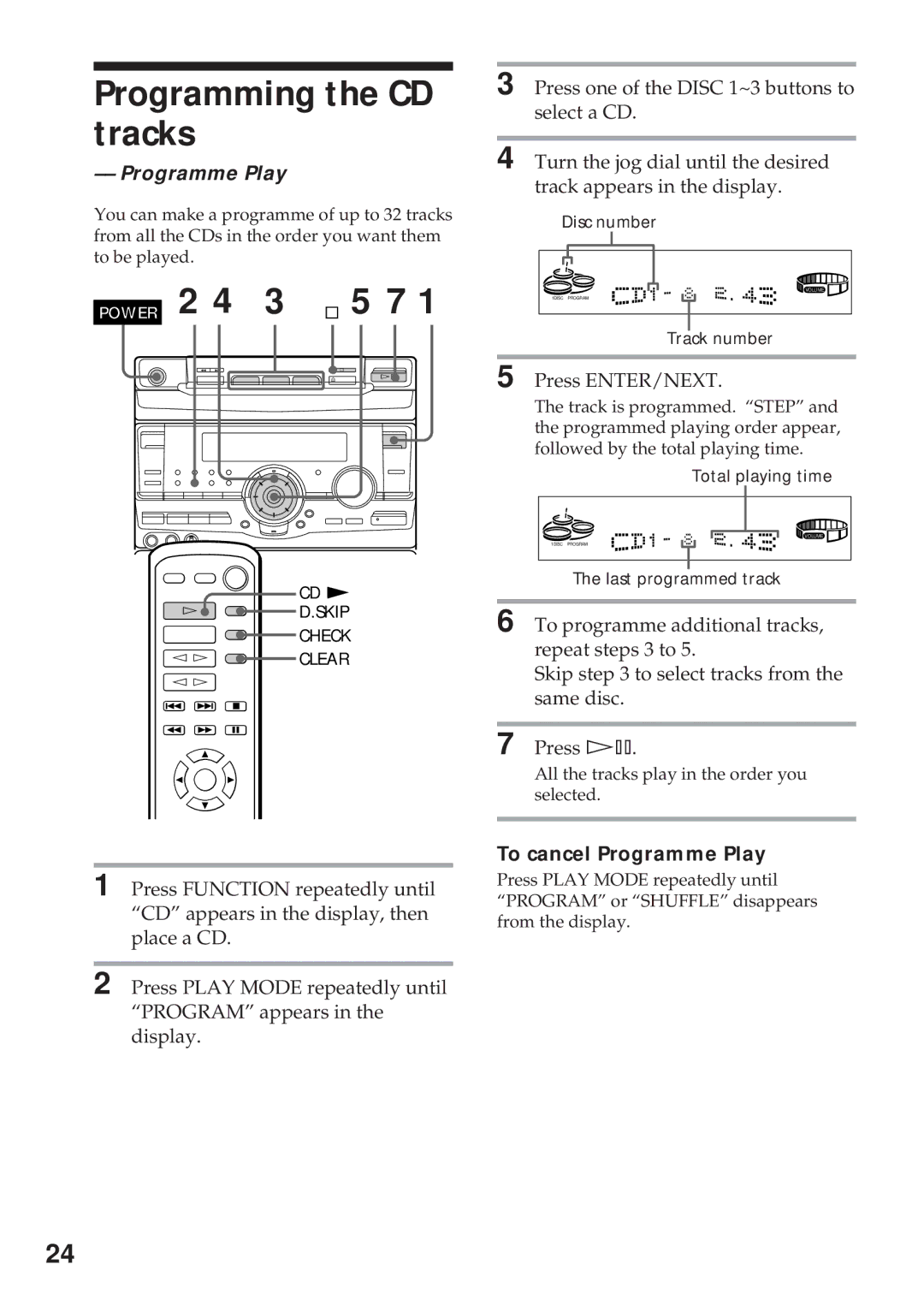 Sony MHC-RX100AV operating instructions Programming the CD tracks, ¹ 5 7, To cancel Programme Play 