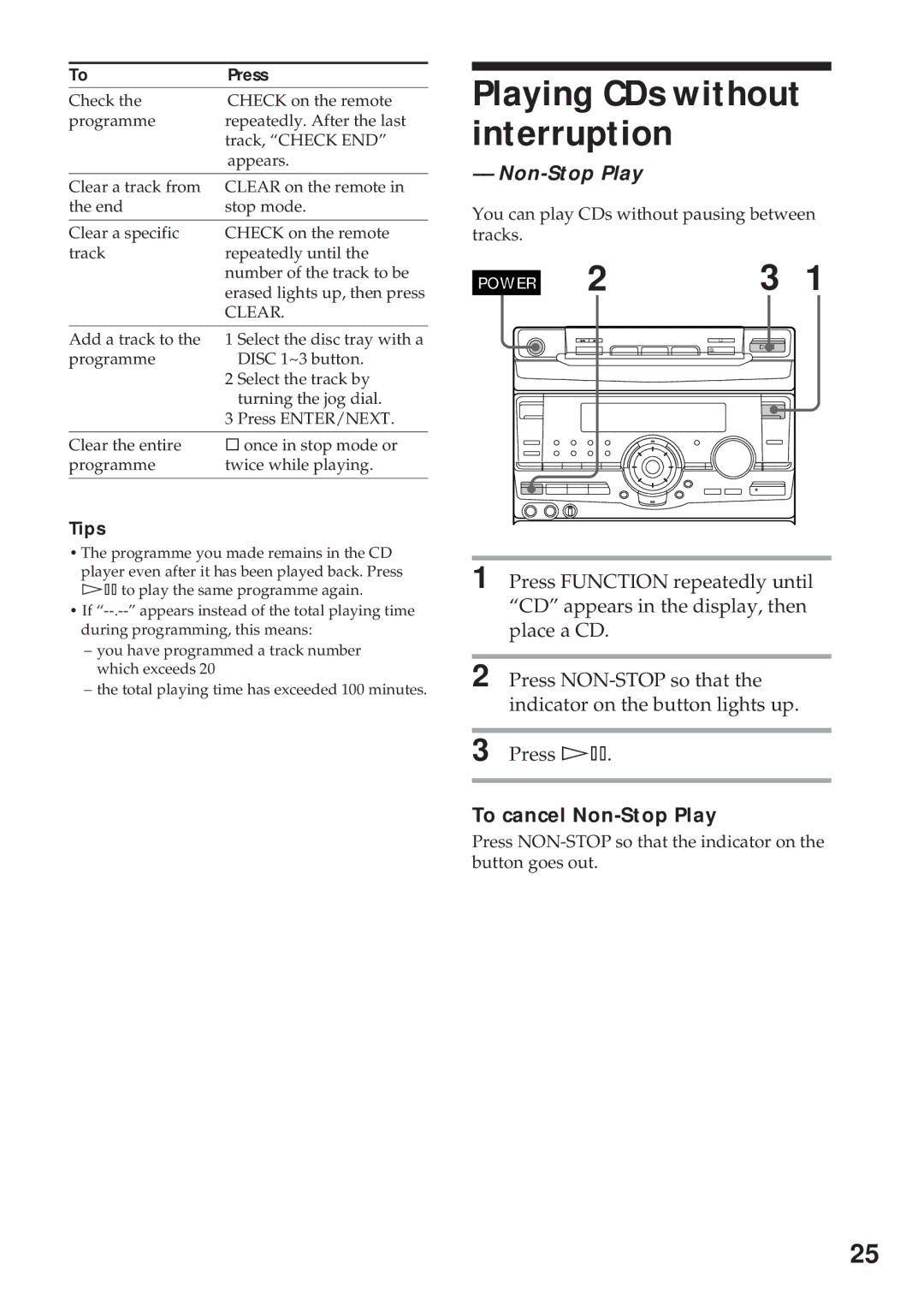 Sony MHC-RX100AV operating instructions Playing CDs without interruption, To cancel Non-Stop Play 