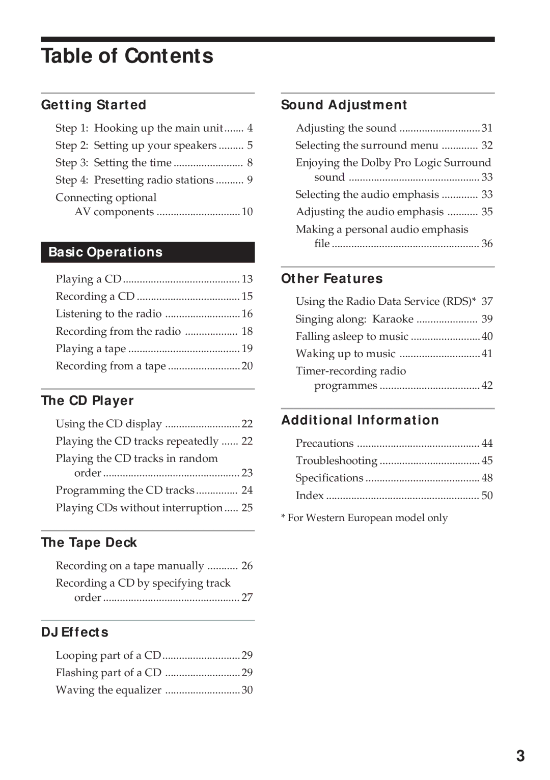 Sony MHC-RX100AV operating instructions Table of Contents 