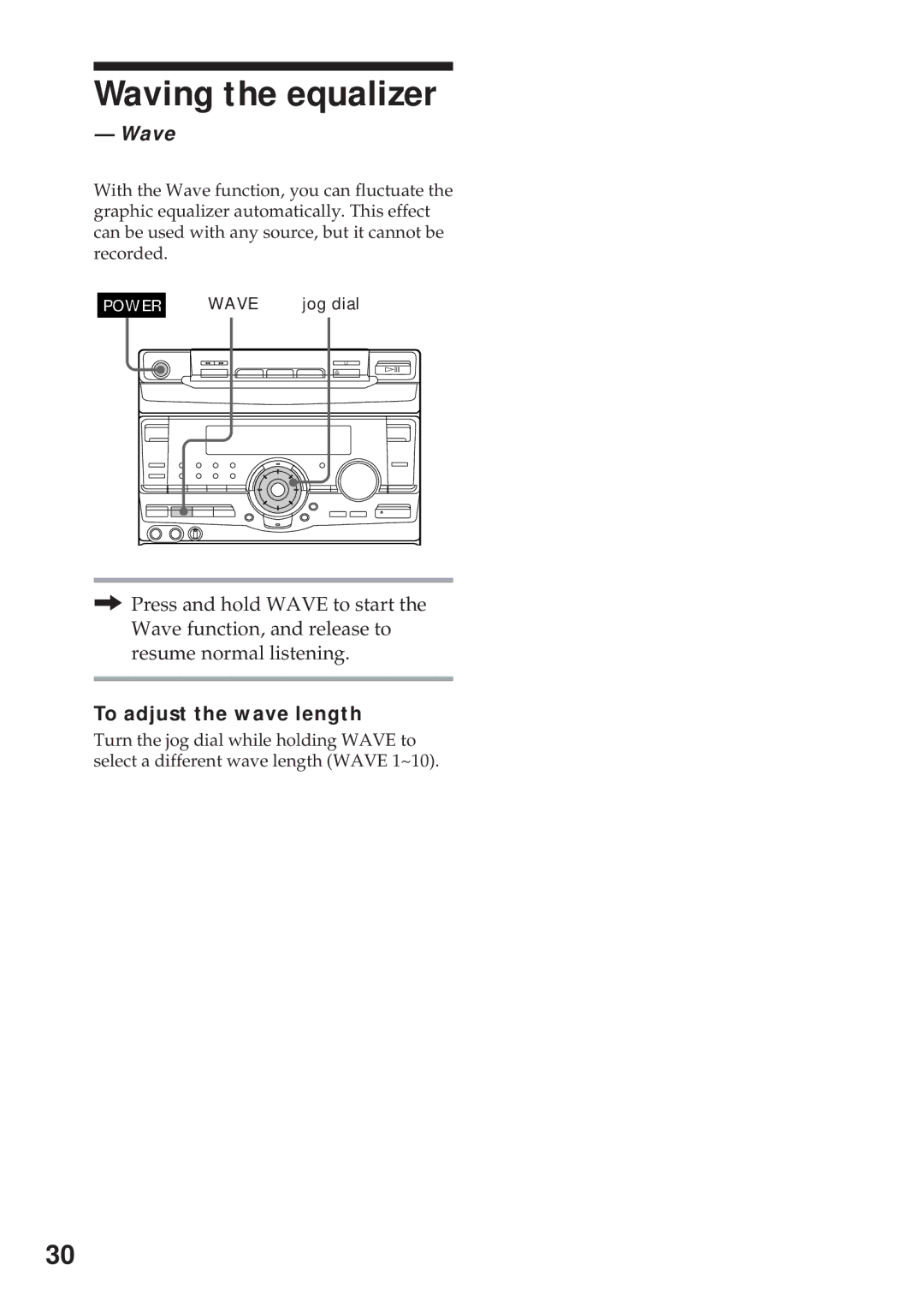 Sony MHC-RX100AV operating instructions Waving the equalizer, Wave, To adjust the wave length 