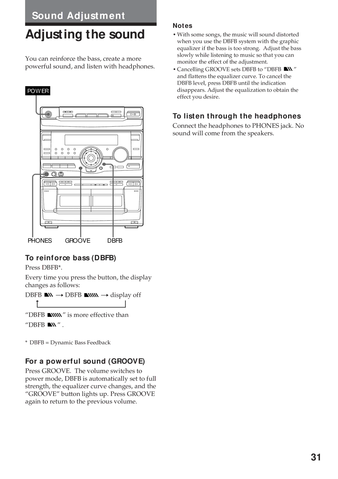 Sony MHC-RX100AV operating instructions Adjusting the sound, To reinforce bass Dbfb, For a powerful sound Groove 