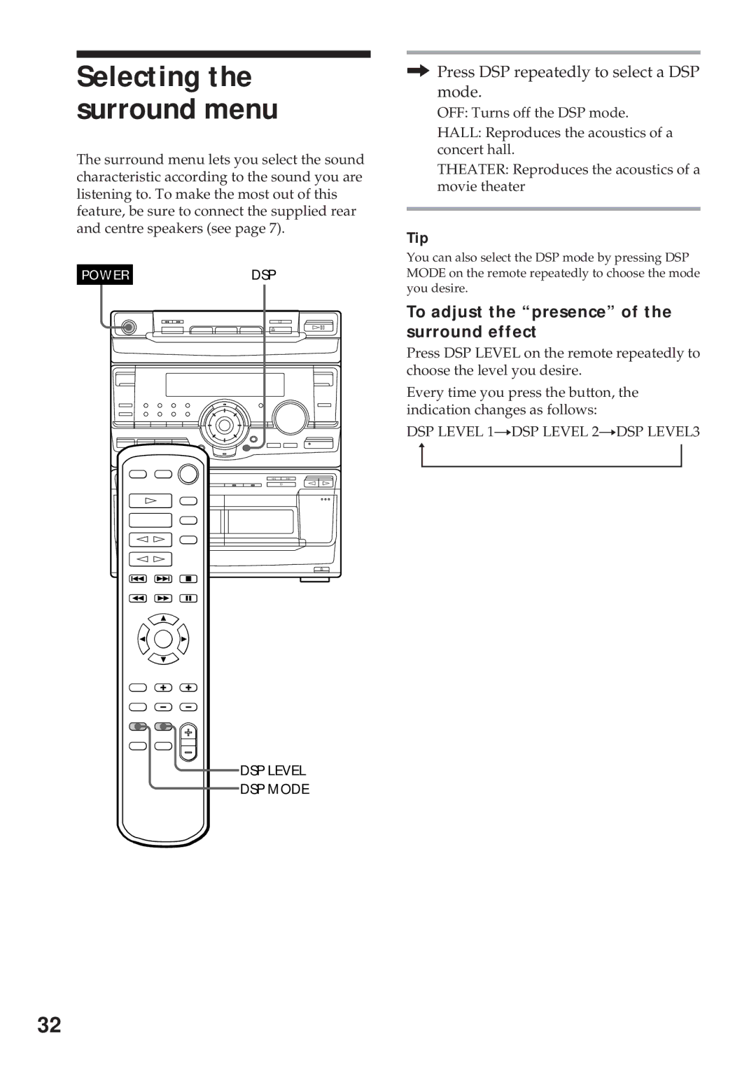 Sony MHC-RX100AV Press DSP repeatedly to select a DSP mode, To adjust the presence of the surround effect 