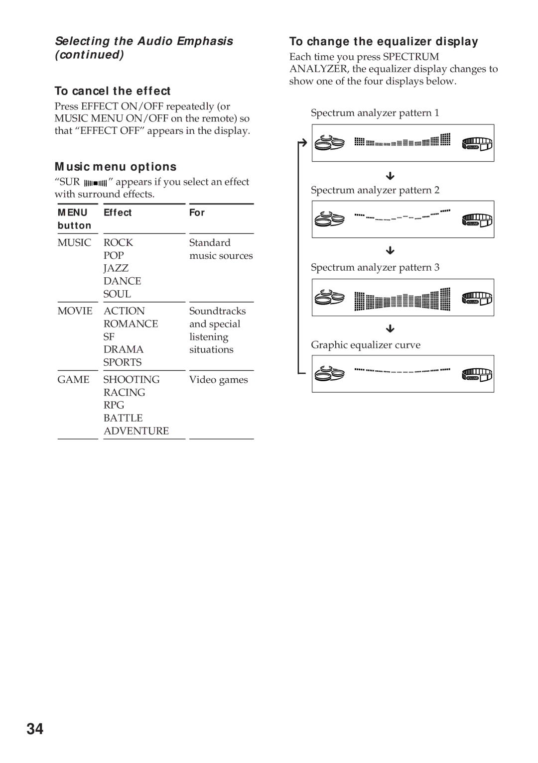 Sony MHC-RX100AV Selecting the Audio Emphasis, To cancel the effect, Music menu options, To change the equalizer display 