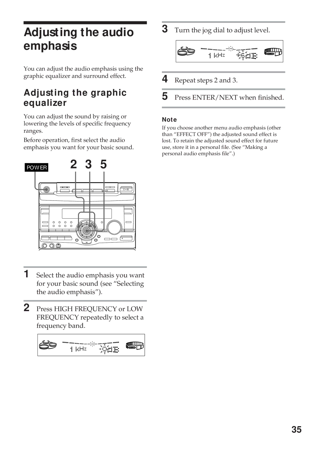 Sony MHC-RX100AV Adjusting the audio emphasis, Adjusting the graphic equalizer, Turn the jog dial to adjust level 