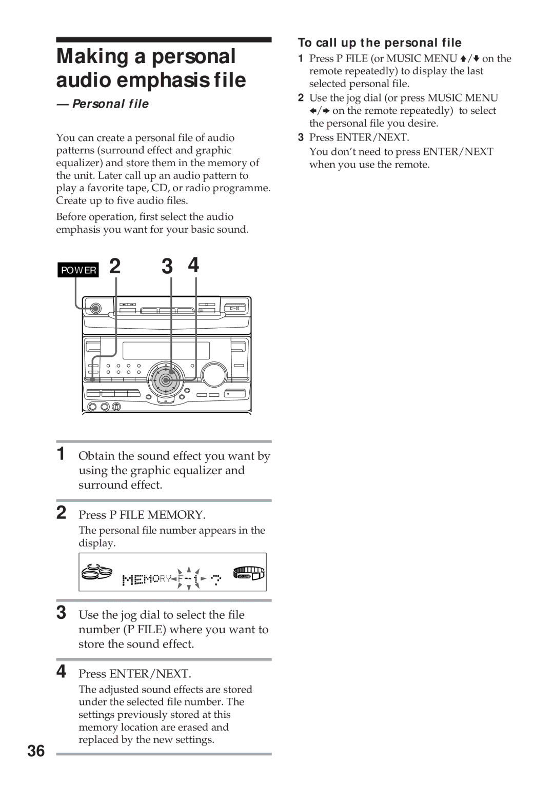 Sony MHC-RX100AV operating instructions Making a personal audio emphasis file, Personal file, To call up the personal file 