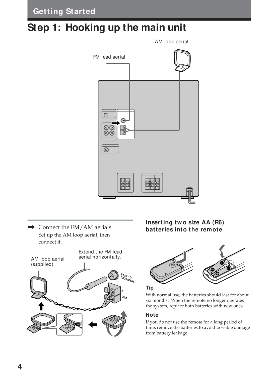 Sony MHC-RX100AV Hooking up the main unit, Connect the FM/AM aerials, Inserting two size AA R6 batteries into the remote 