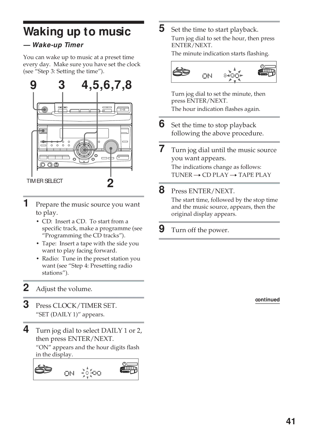 Sony MHC-RX100AV operating instructions Waking up to music, 4,5,6,7,8, Wake-up Timer 