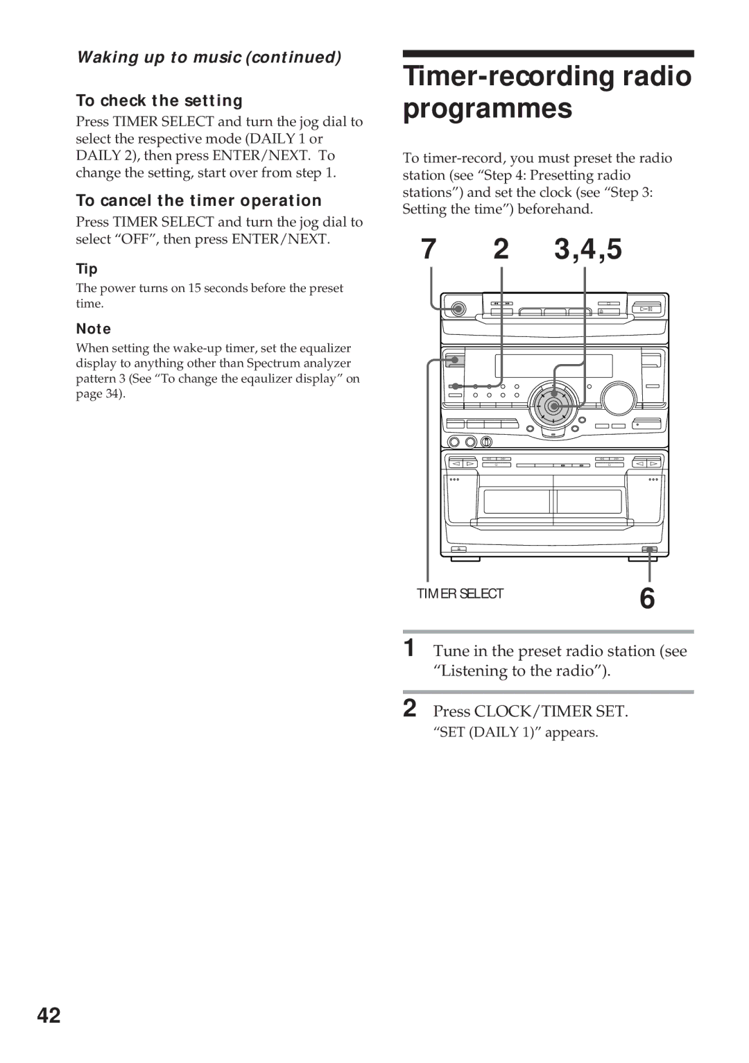 Sony MHC-RX100AV operating instructions Timer-recording radio programmes, 3,4,5, Waking up to music, To check the setting 