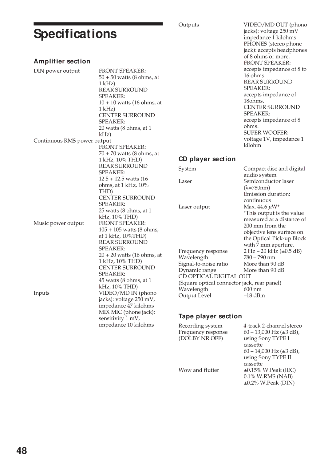 Sony MHC-RX100AV operating instructions Specifications, Amplifier section, CD player section, Tape player section 