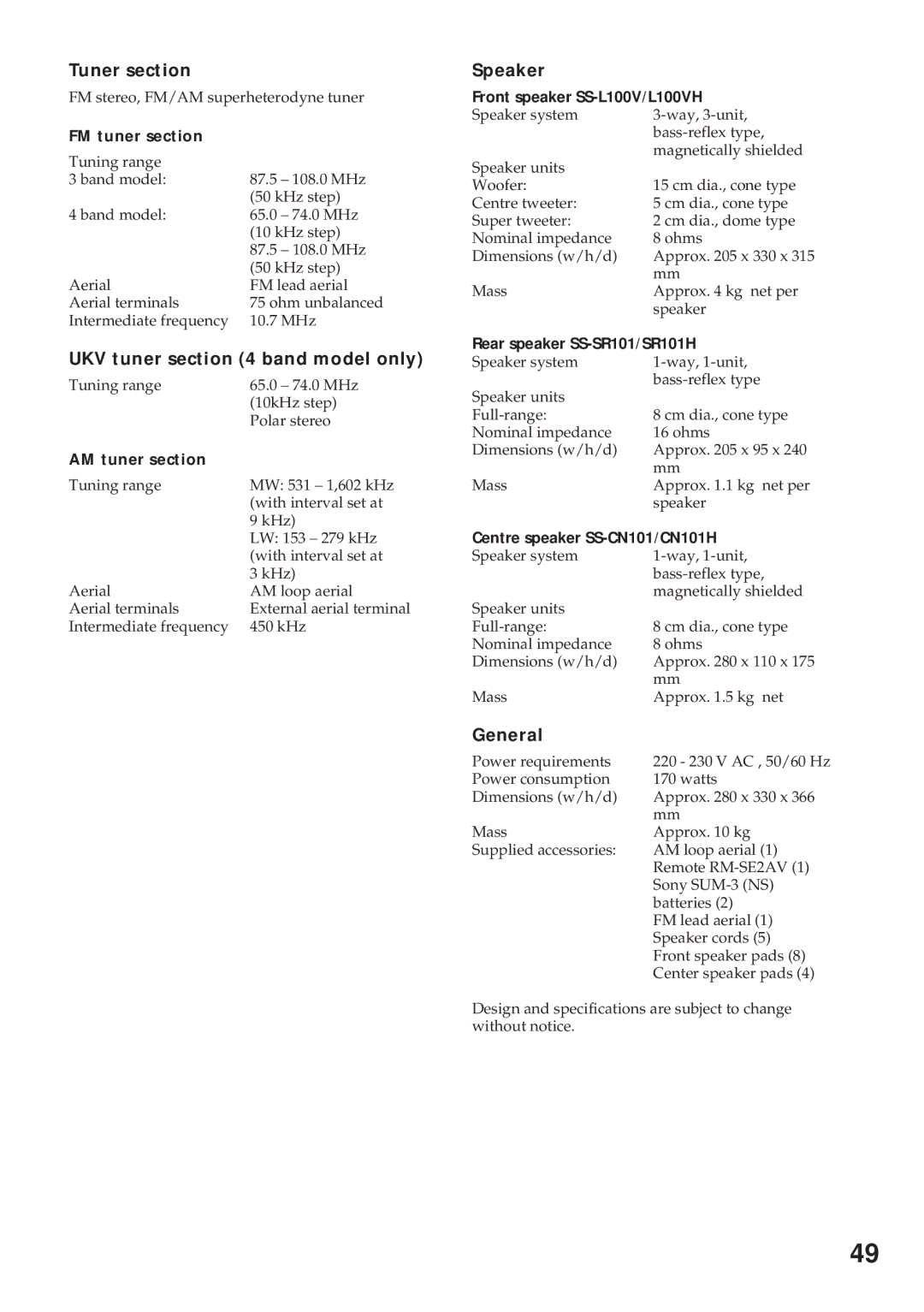 Sony MHC-RX100AV operating instructions Tuner section, UKV tuner band model only, Speaker, General 