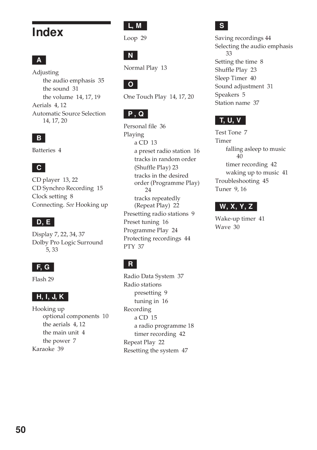 Sony MHC-RX100AV operating instructions Index, J, K 