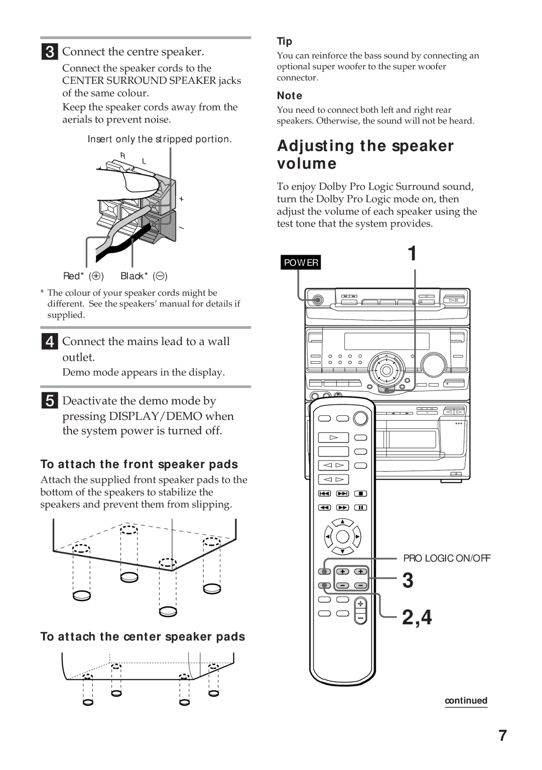 Sony MHC-RX100AV Adjusting the speaker volume, Connect the centre speaker, Connect the mains lead to a wall outlet 