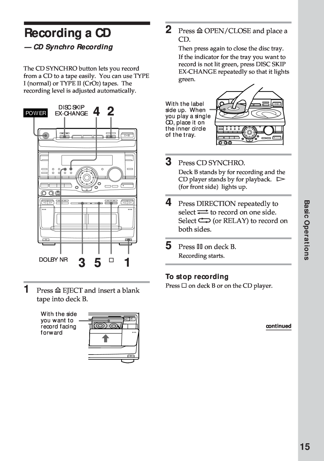 Sony MHC-RX100AV operating instructions Recording a CD, CD Synchro Recording, To stop recording, Basic Operations 