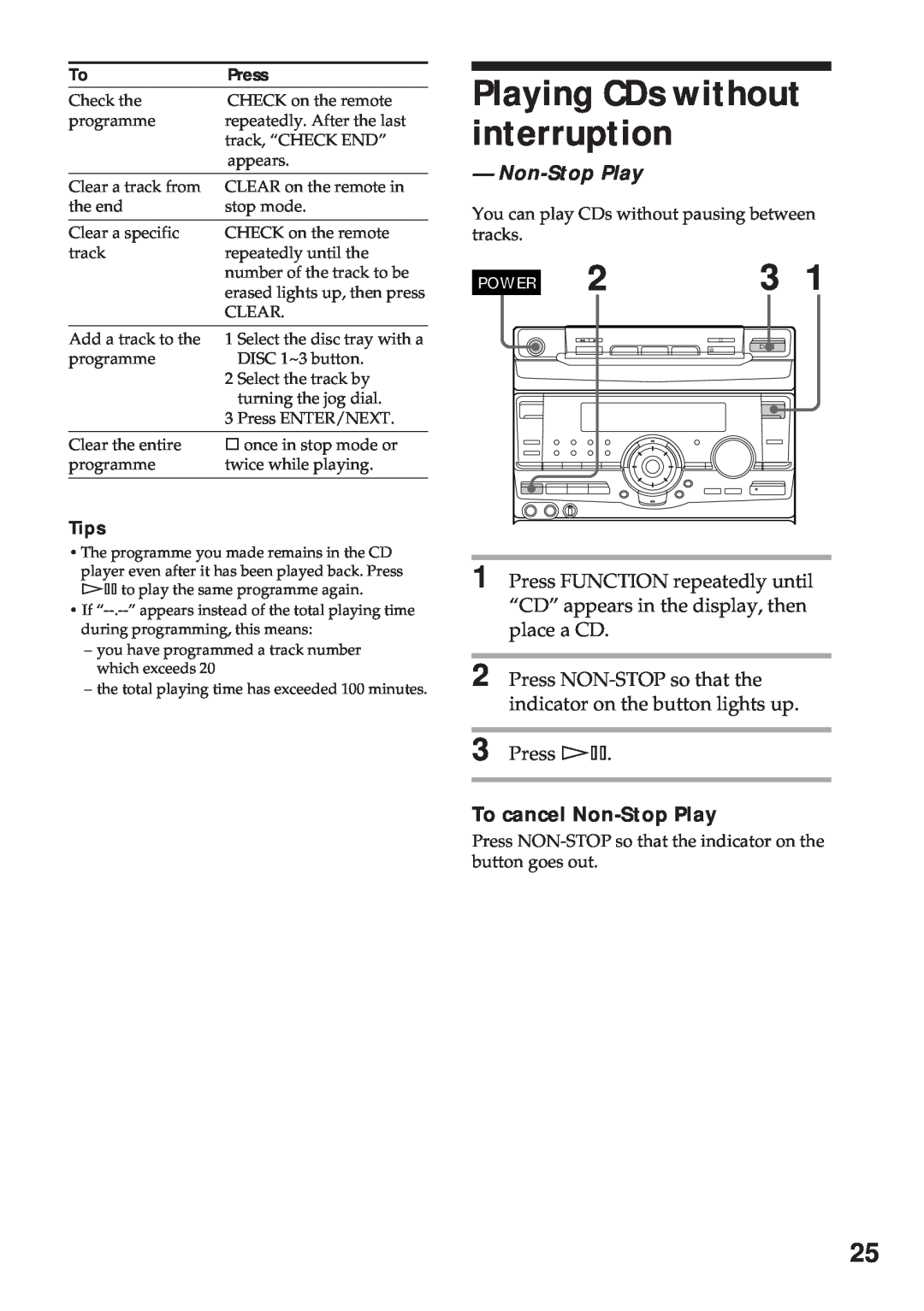 Sony MHC-RX100AV operating instructions Playing CDs without interruption, To cancel Non-StopPlay 