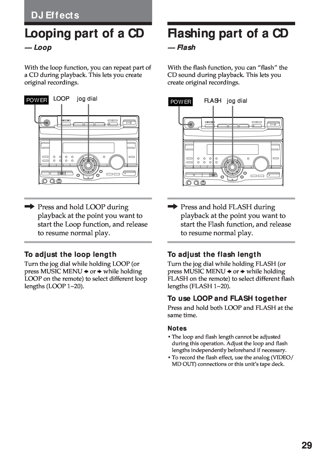Sony MHC-RX100AV operating instructions Looping part of a CD, Flashing part of a CD, DJ Effects, To adjust the loop length 