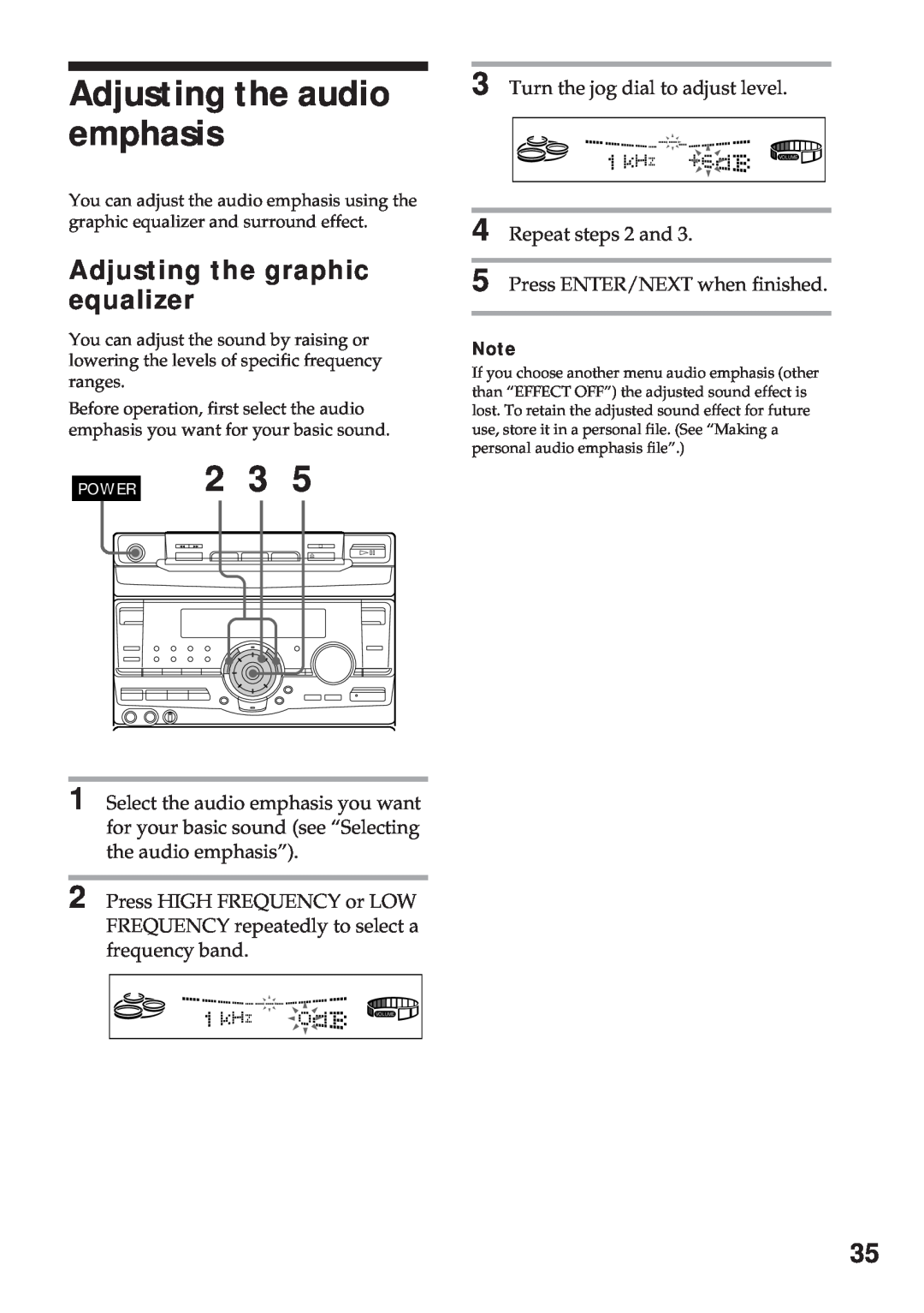 Sony MHC-RX100AV operating instructions Adjusting the audio emphasis, Adjusting the graphic equalizer 