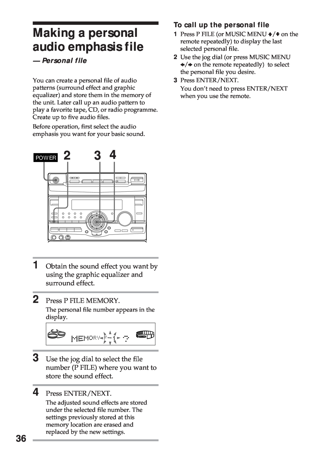Sony MHC-RX100AV operating instructions Making a personal audio emphasis file, Personal file, To call up the personal file 