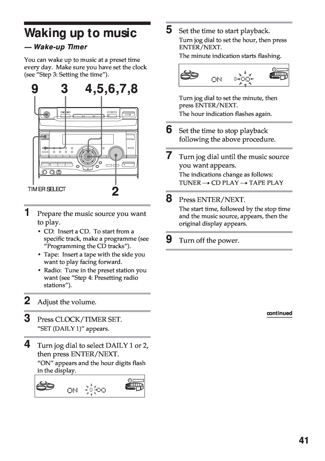 Sony MHC-RX100AV operating instructions Waking up to music, 9 3 4,5,6,7,8, Wake-upTimer 