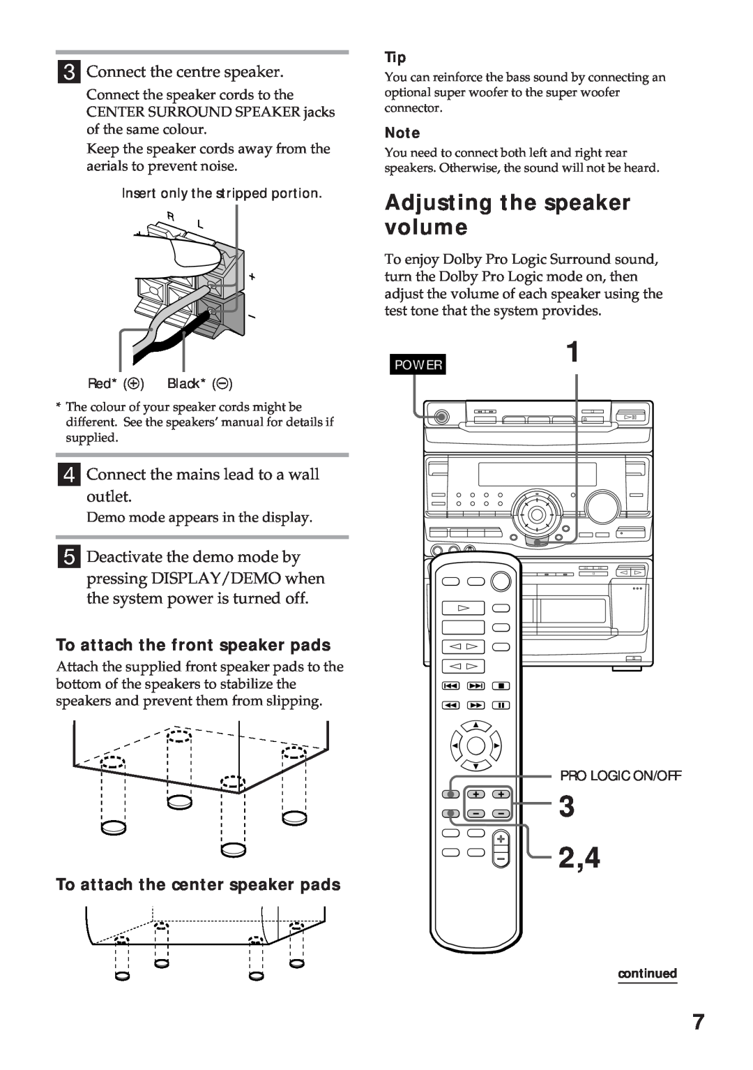 Sony MHC-RX100AV 3 2,4, Adjusting the speaker volume, To attach the front speaker pads, To attach the center speaker pads 