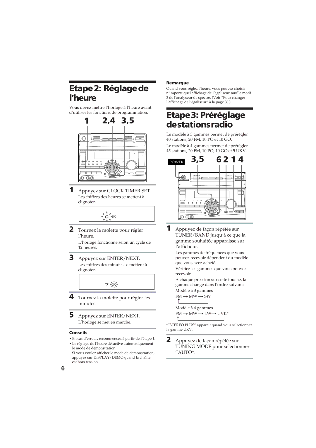 Sony MHC-RX80 manual Etape2 Réglagede l’heure, Etape3 Préréglage destationsradio, Appuyez sur Clock Timer SET 