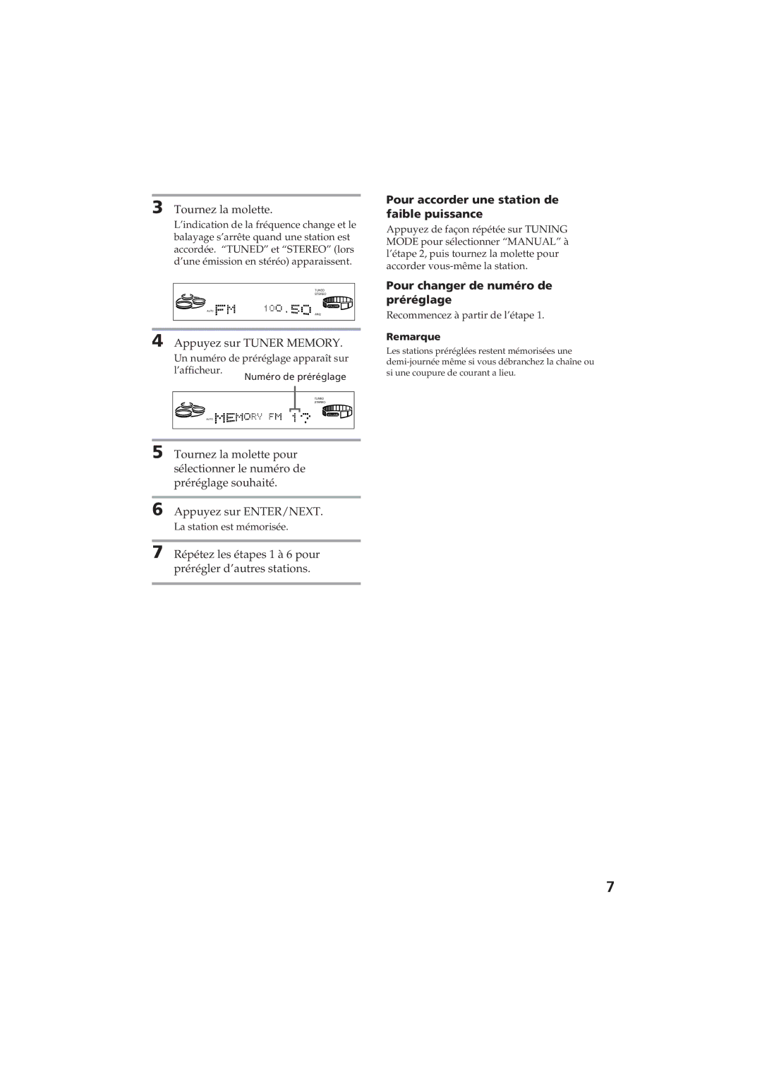 Sony MHC-RX80 manual Pour accorder une station de faible puissance, Pour changer de numéro de préréglage 