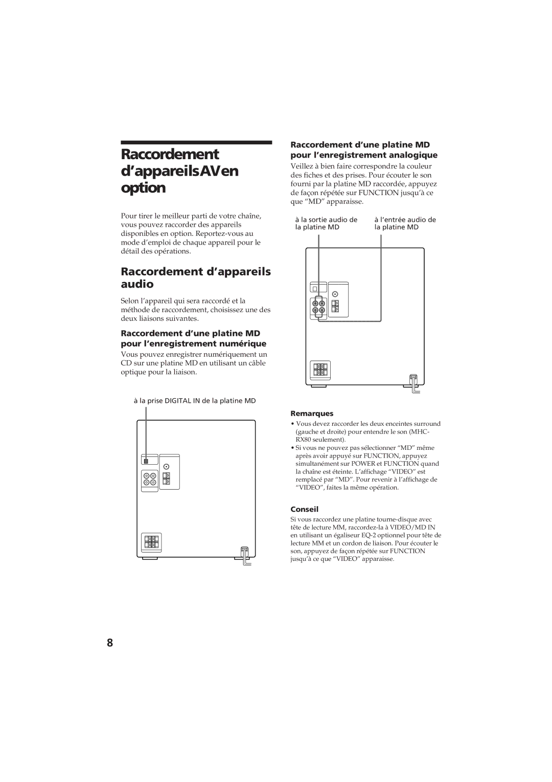 Sony MHC-RX80 manual Raccordement d’appareilsAVen option, Raccordement d’appareils audio, Remarques 