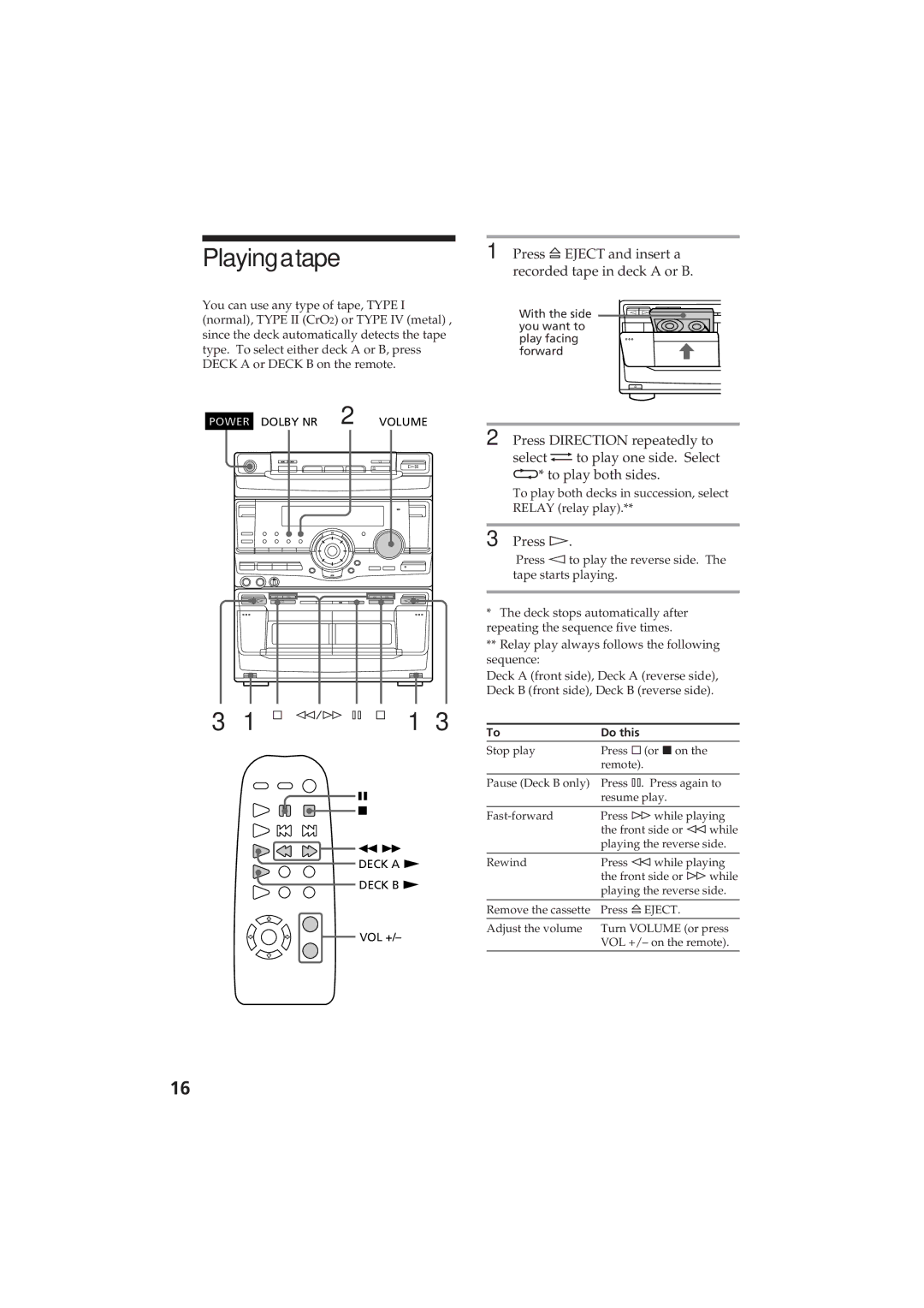 Sony MHC-RX80 manual Playingatape, Press ¤EJECT and insert a recorded tape in deck a or B, Press á 