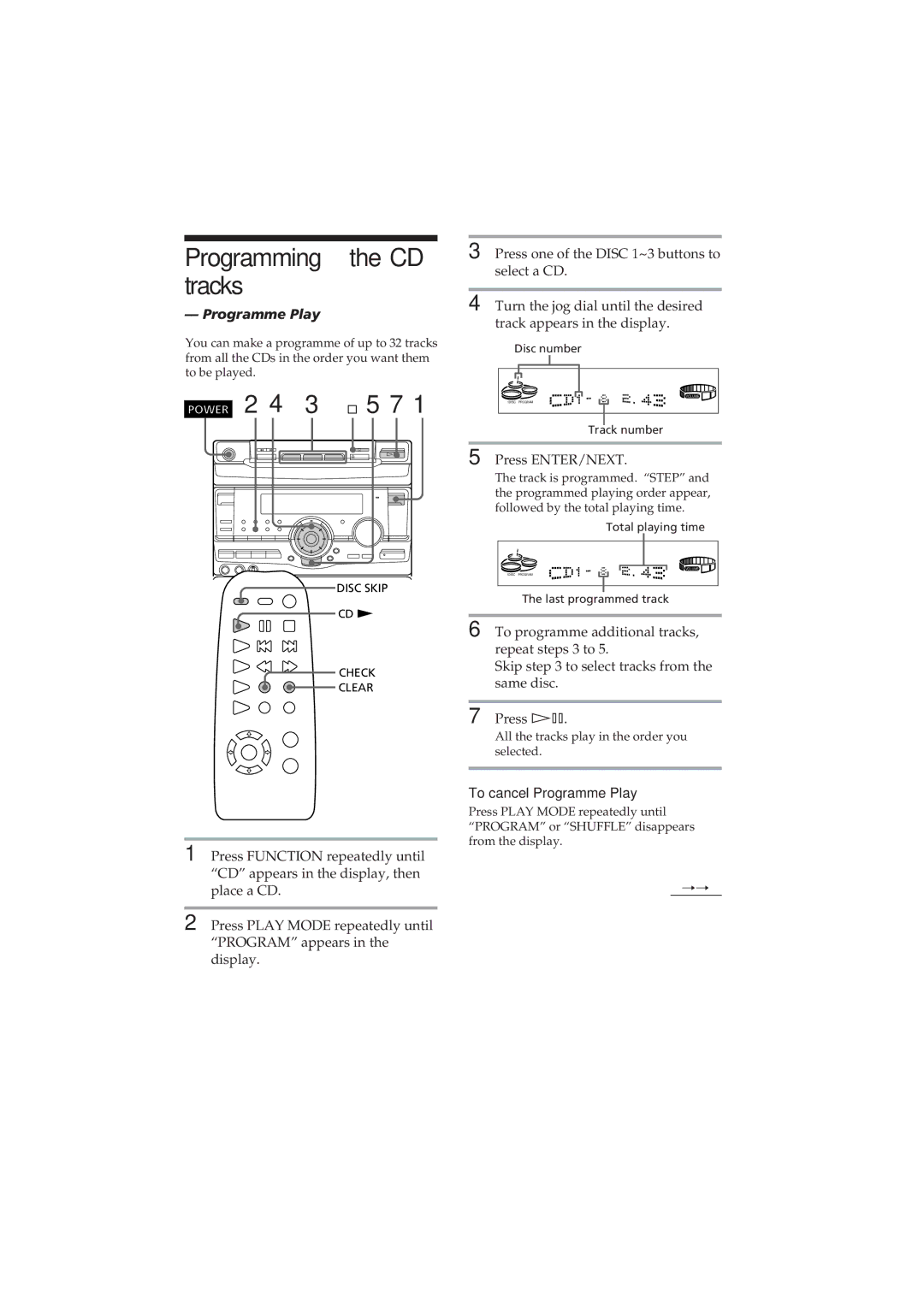 Sony MHC-RX80 manual ProgrammingtheCD tracks, ¹ 5 7, To cancel Programme Play 