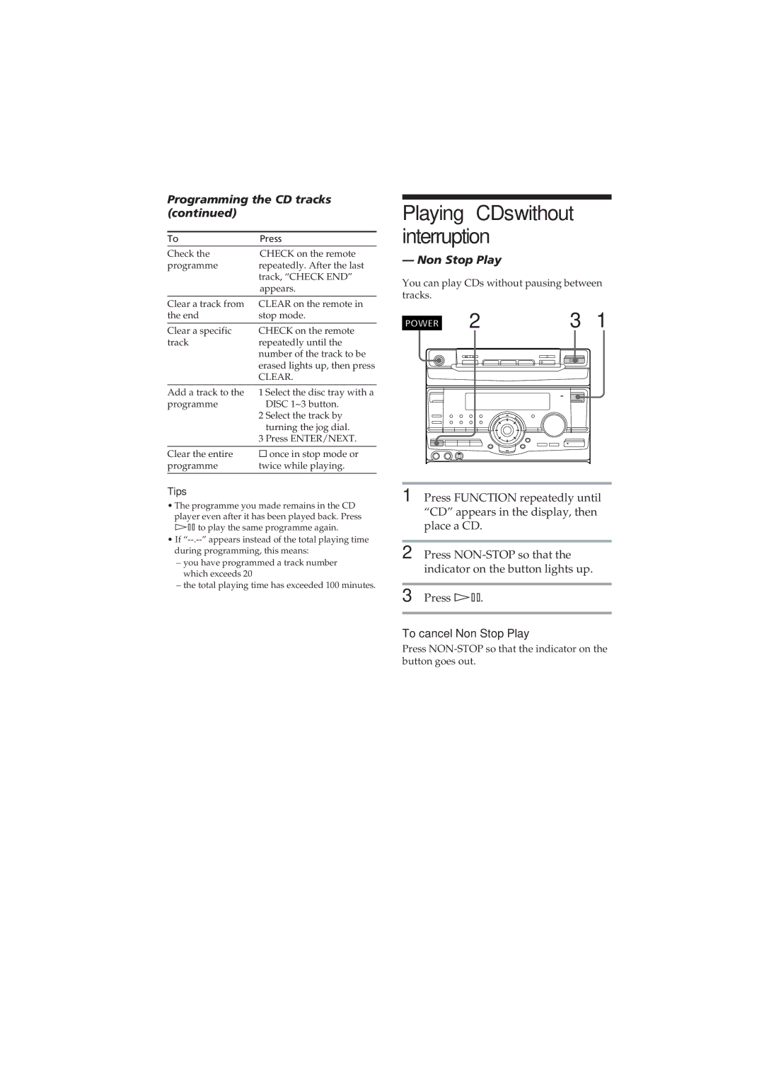 Sony MHC-RX80 manual PlayingCDswithout interruption, Programming the CD tracks, To cancel Non Stop Play 