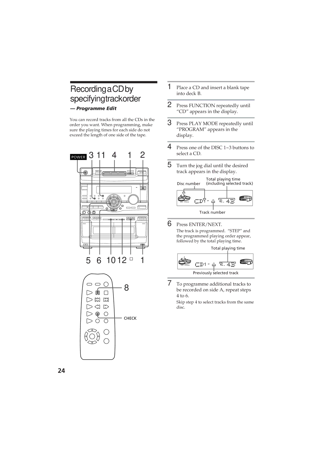 Sony MHC-RX80 manual RecordingaCDby specifyingtrackorder, 10 12 ¹ 1, Programme Edit 