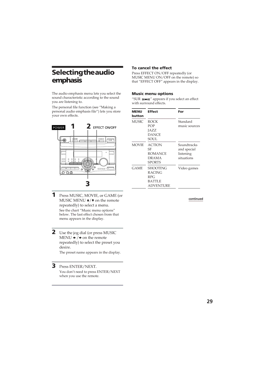 Sony MHC-RX80 manual Selectingtheaudio emphasis, To cancel the effect, Music menu options 