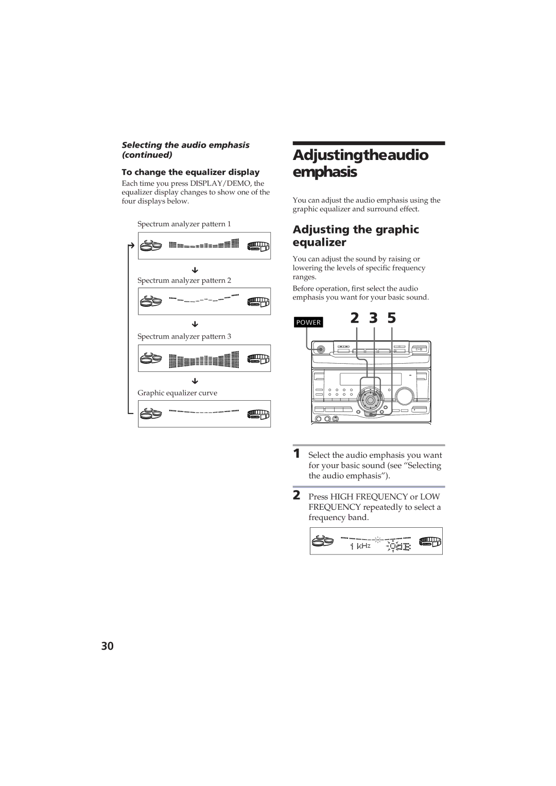 Sony MHC-RX80 manual Adjustingtheaudio emphasis, Adjusting the graphic equalizer, Selecting the audio emphasis 