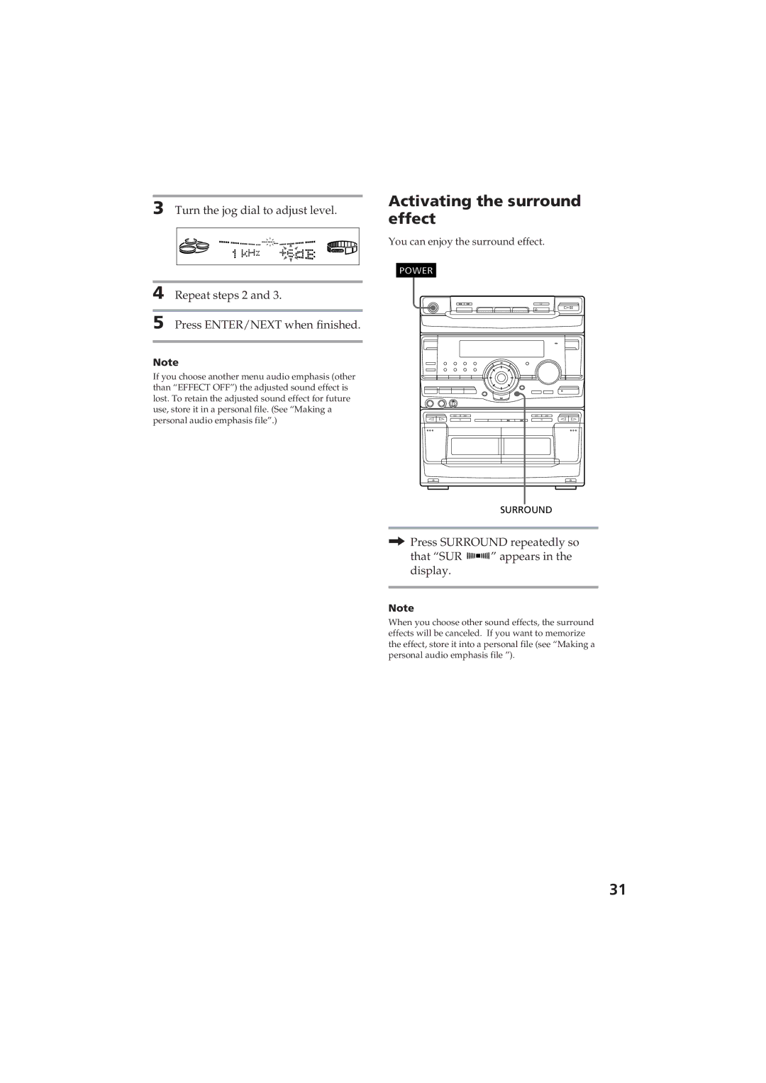 Sony MHC-RX80 manual Activating the surround effect, Turn the jog dial to adjust level 