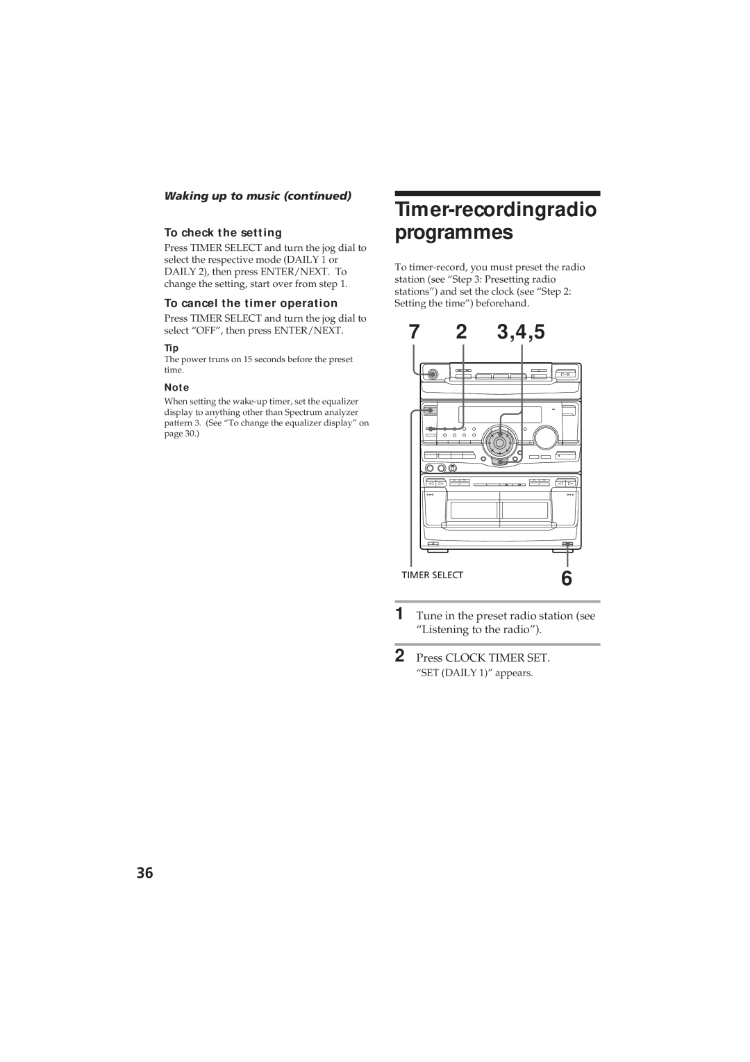 Sony MHC-RX80 manual Timer-recordingradio programmes, 3,4,5, Waking up to music, To check the setting 