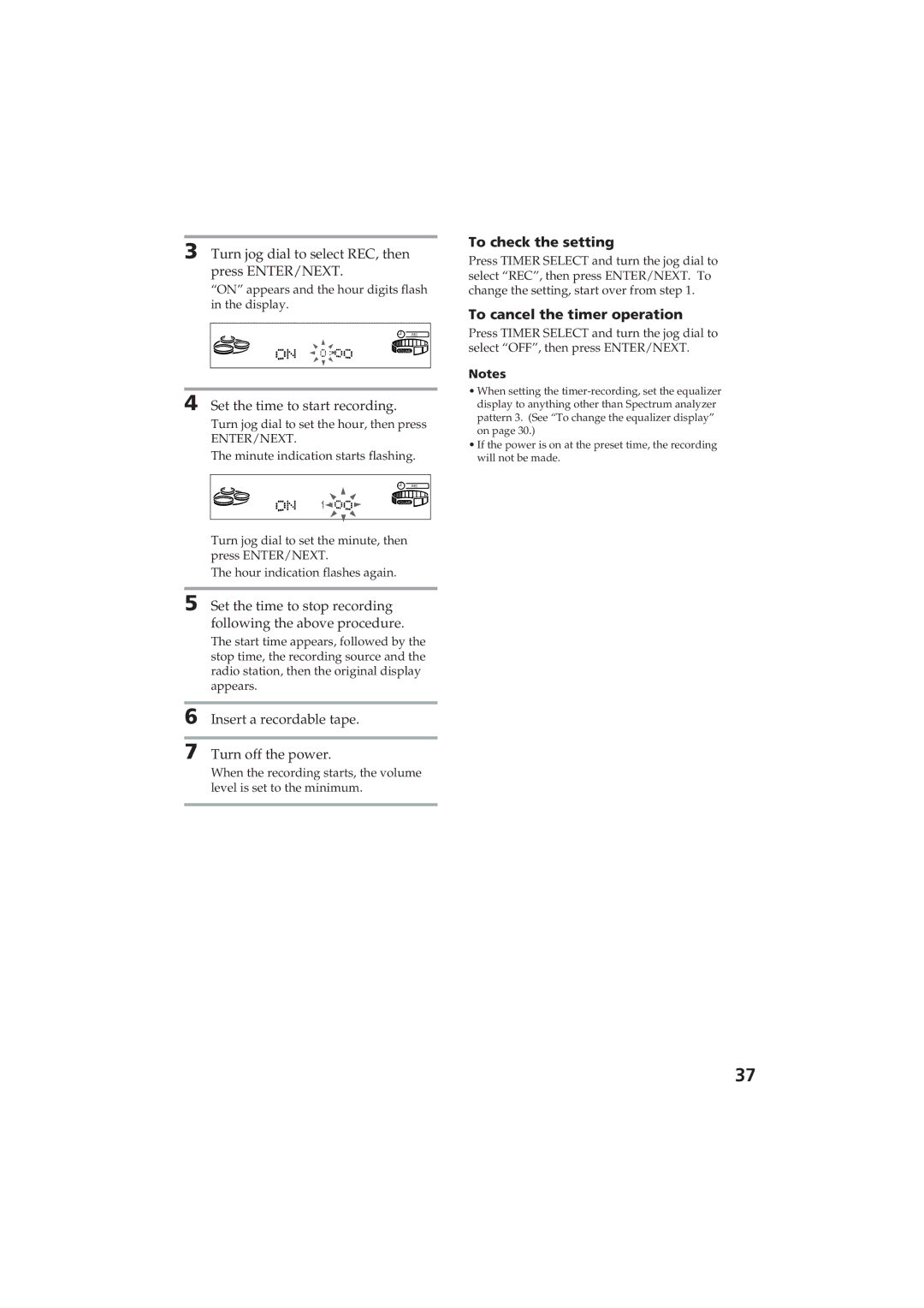 Sony MHC-RX80 manual Turn jog dial to select REC, then press ENTER/NEXT, Set the time to start recording 