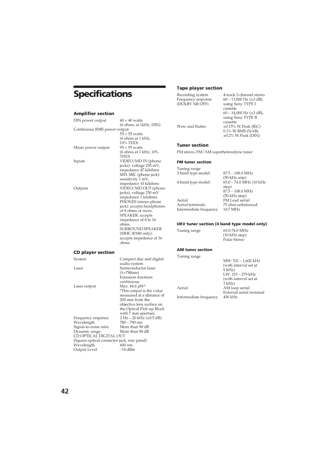 Sony MHC-RX80 manual Specifications, Amplifier section, CD player section, Tape player section, Tuner section 