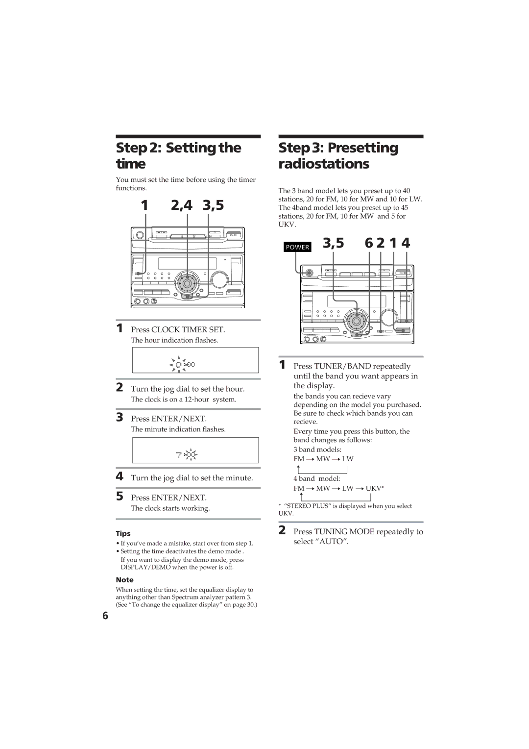 Sony MHC-RX80 manual Setting the time, 4 3,5, Presetting radiostations 