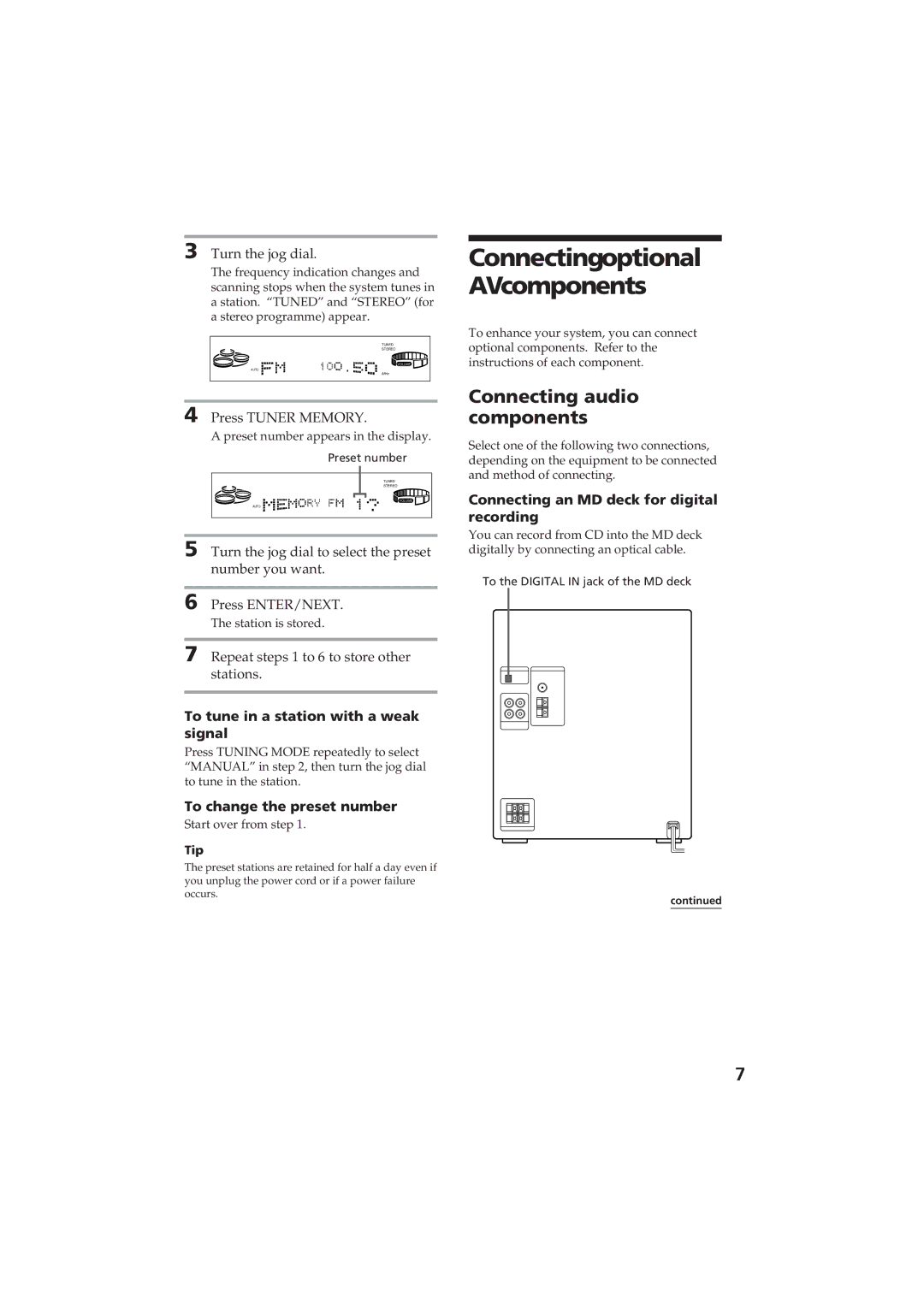 Sony MHC-RX80 manual Connectingoptional AVcomponents, Connecting audio components, To tune in a station with a weak signal 