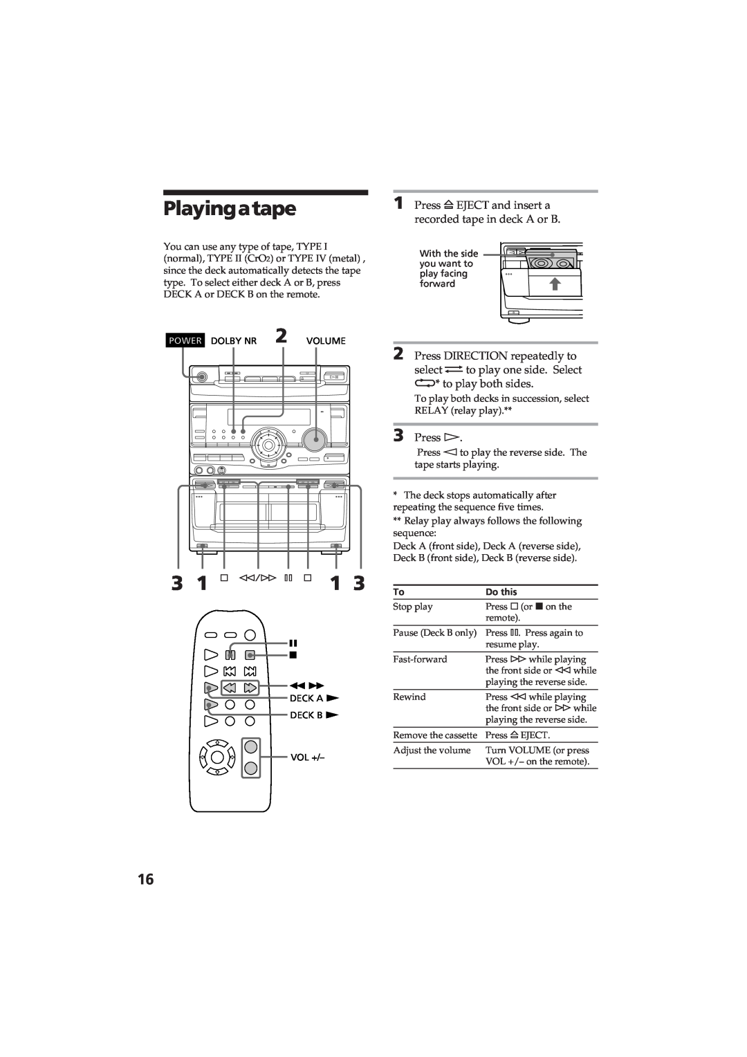 Sony MHC-RX80 manual Playingatape 