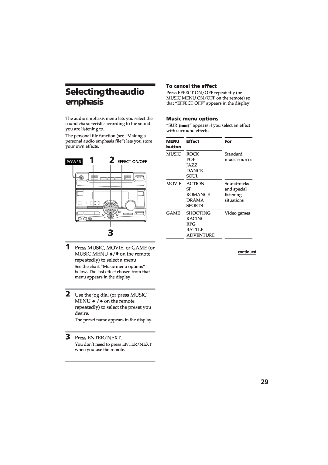 Sony MHC-RX80 manual Selectingtheaudio emphasis, To cancel the effect, Music menu options 