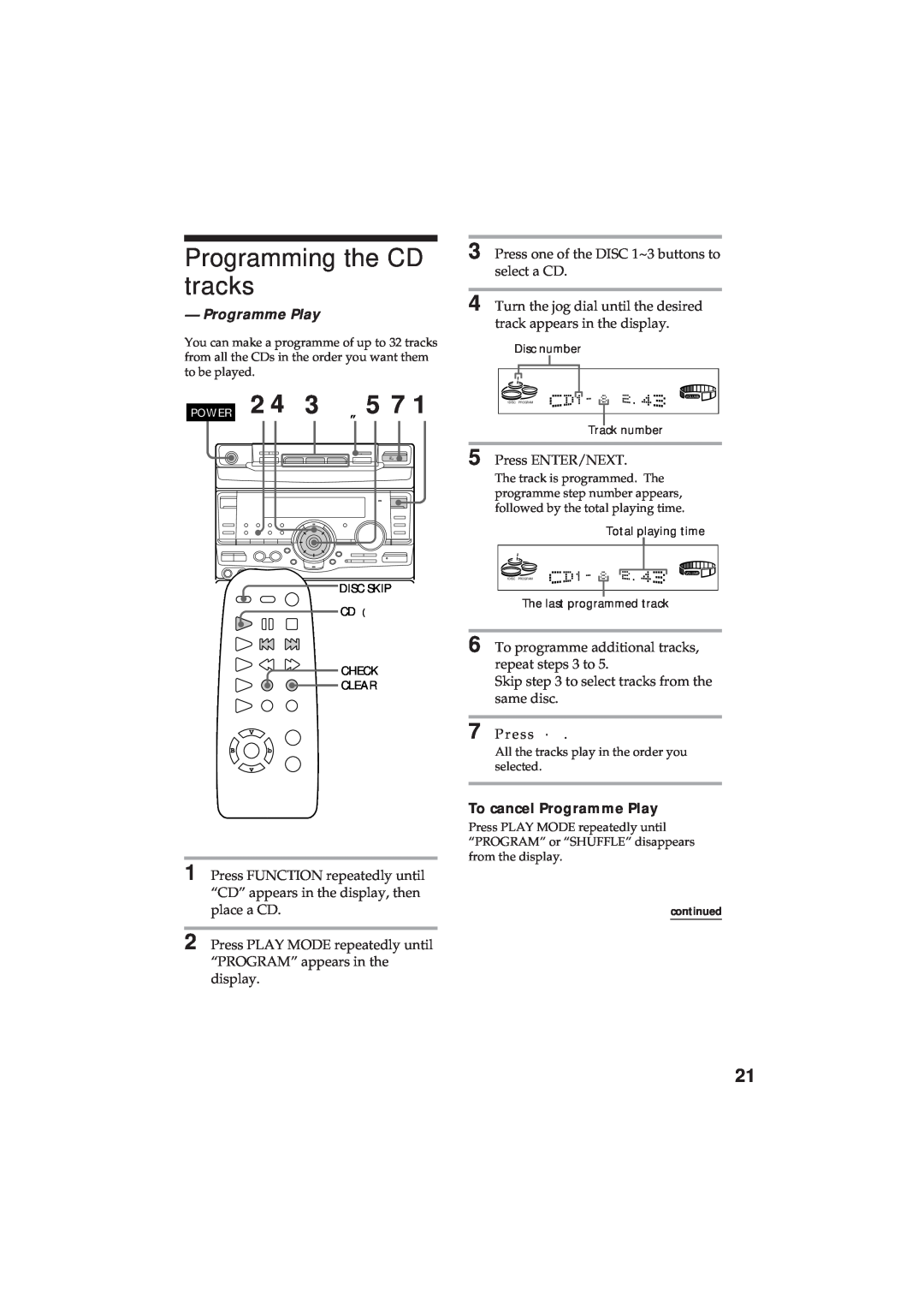 Sony MHC-RX90 manual Programming the CD tracks, „, To cancel Programme Play 