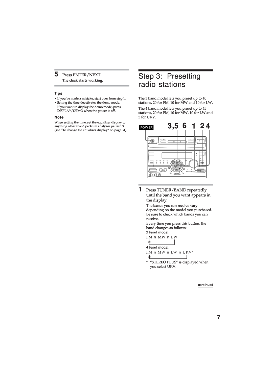 Sony MHC-RX90 manual Presetting radio stations, POWER 3,5 6, Press ENTER/NEXT, Tips 