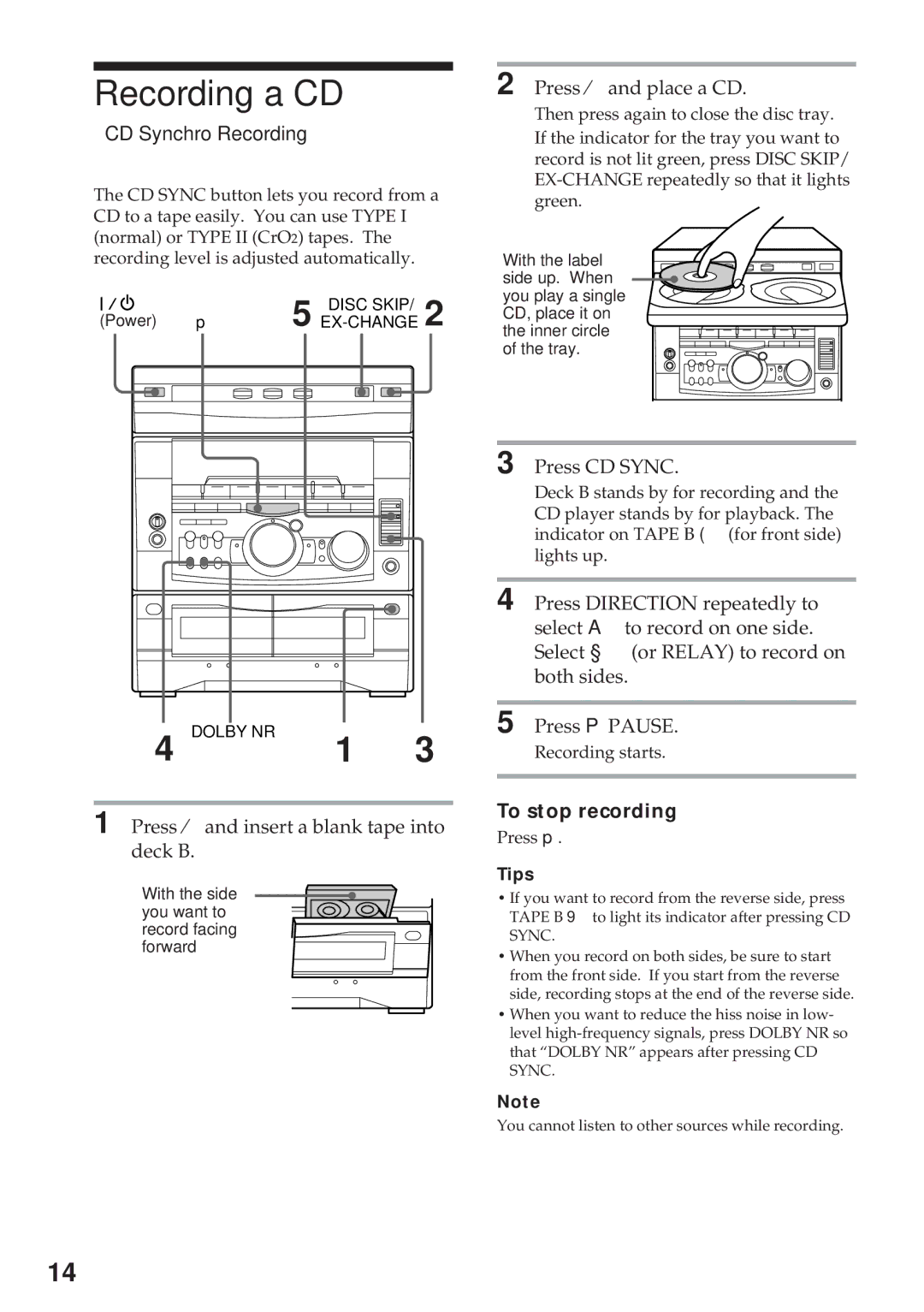 Sony MHC-RX900 manual Recording a CD, CD Synchro Recording, To stop recording 