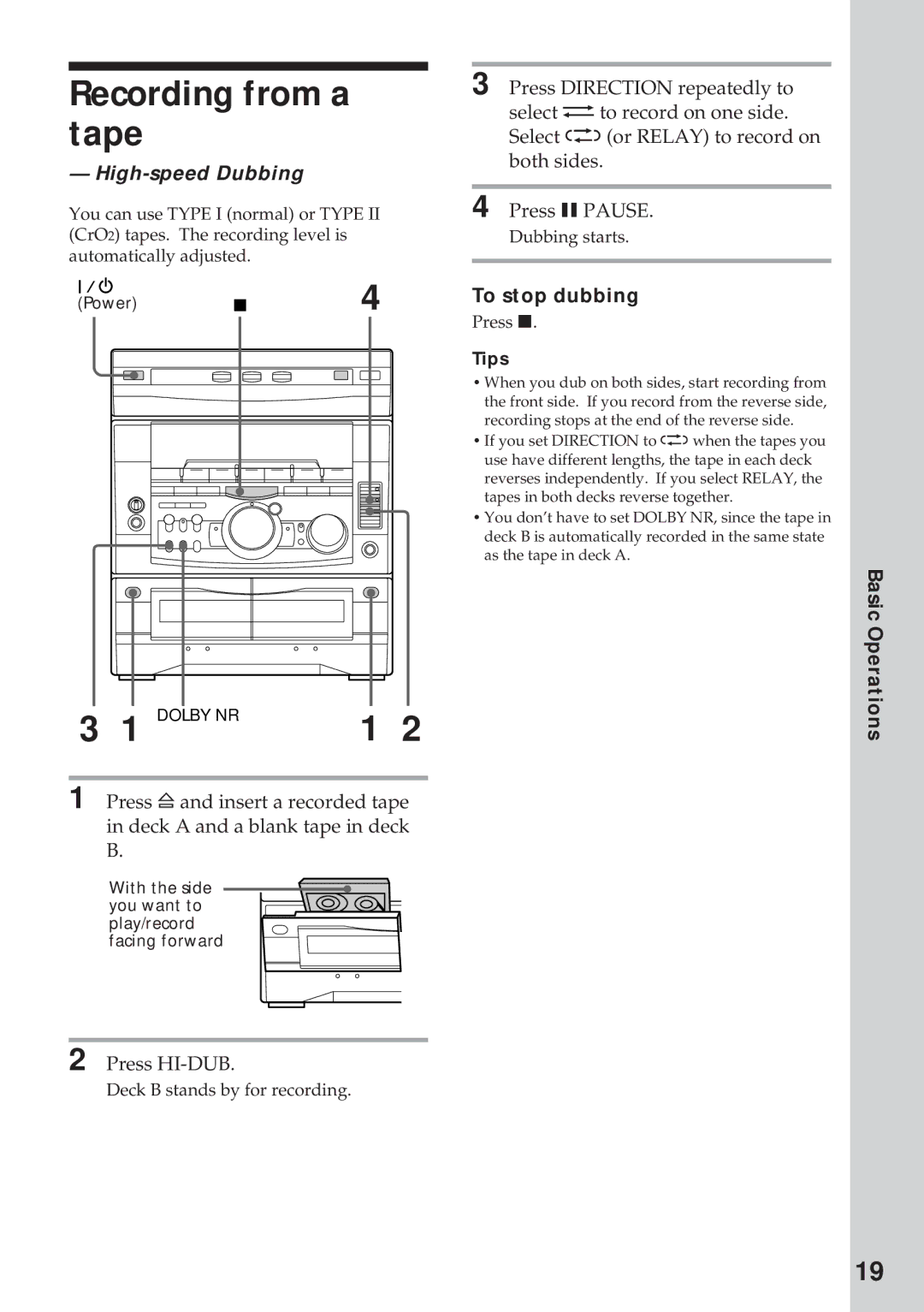 Sony MHC-RX900 manual Recording from a tape, High-speed Dubbing, Press HI-DUB, To stop dubbing 