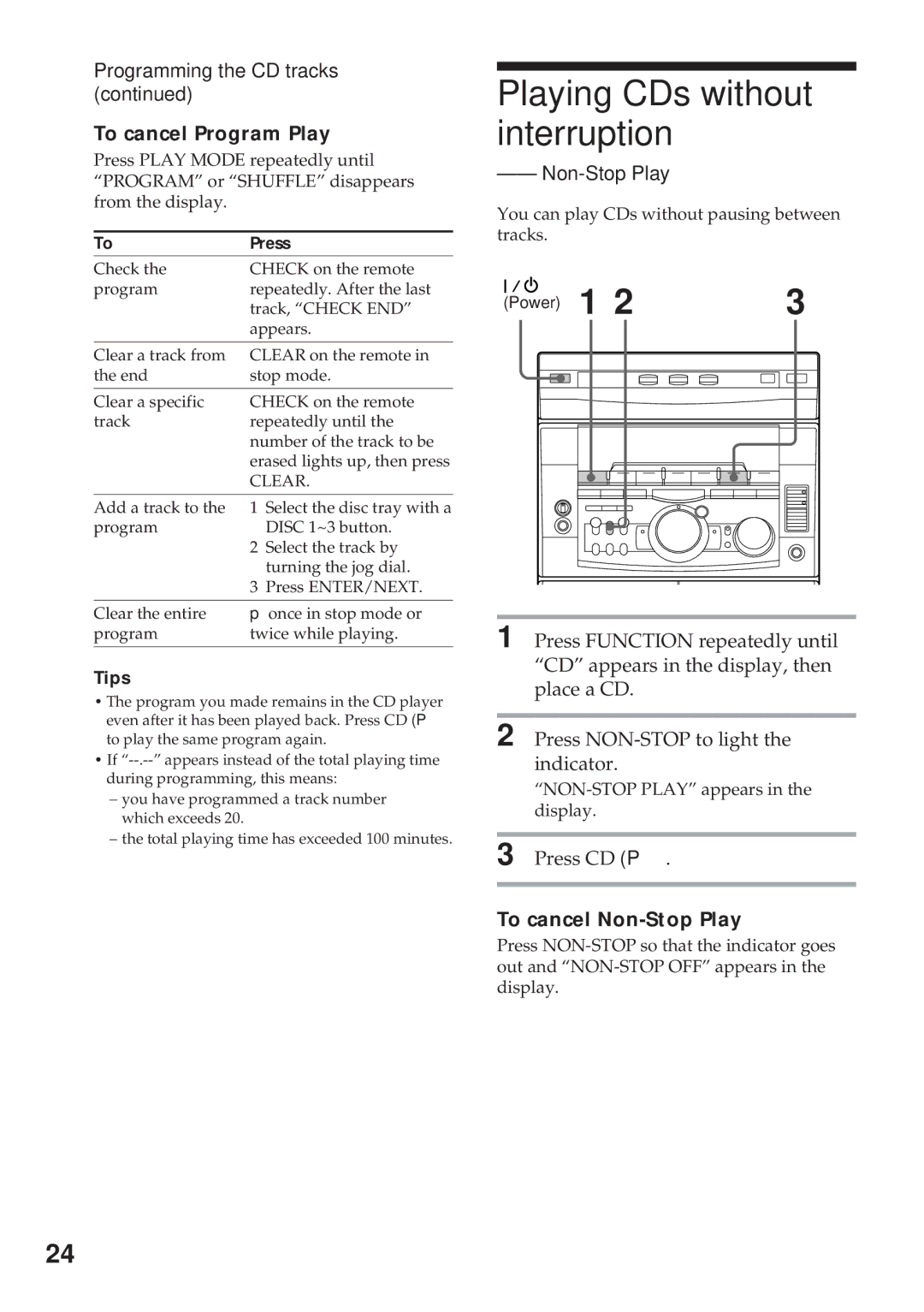 Sony MHC-RX900 manual Playing CDs without interruption, Programming the CD tracks, To cancel Program Play, Non-Stop Play 